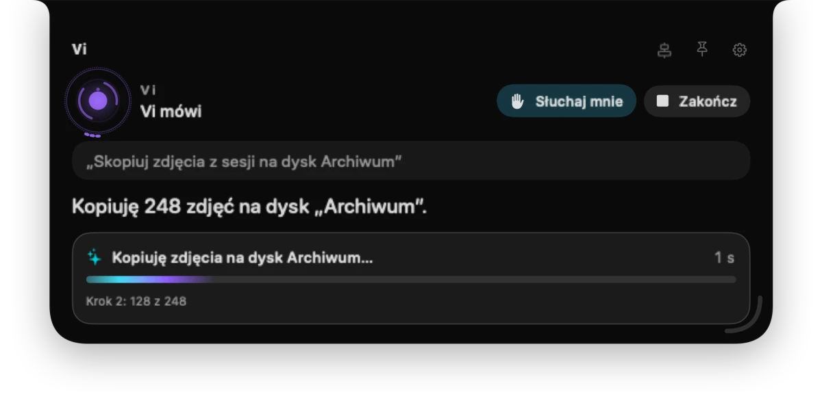 Panel Vi: kopiowanie zdjęć z paskiem postępu
